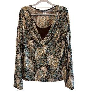 Perseption Concept Top Stretch Knit Popover Blouse Brown Teal Paisley Medium